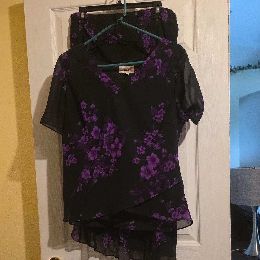 Black and Purple Floral Skirt & Top